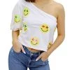 Queen Of Sparkles One Shoulder Sequin Star Smiley Tee in White/Multi - women