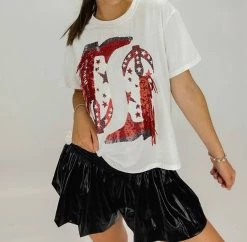 Queen Of Sparkles Fringe Boot Tee in Red & White - women