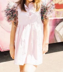 Queen Of Sparkles Feather Poof Sleeve Button Down Dress in Light Pink - women
