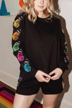 Queen Of Sparkles Rainbow Butterfly Short in Black Multi - women