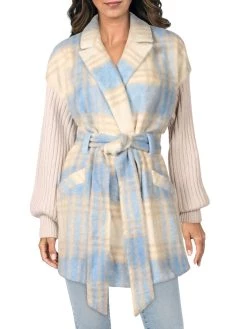 Cinq a Sept Aretha Womens Plaid Mixed Media Wool Coat