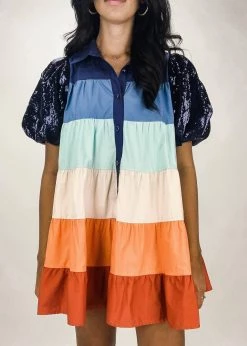 Queen Of Sparkles Tiered Sequin Sleeve Dress in Navy Multi - women