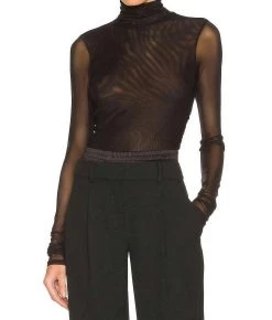 Cinq A Sept Shirred Mesh Turtleneck Top in Black - women